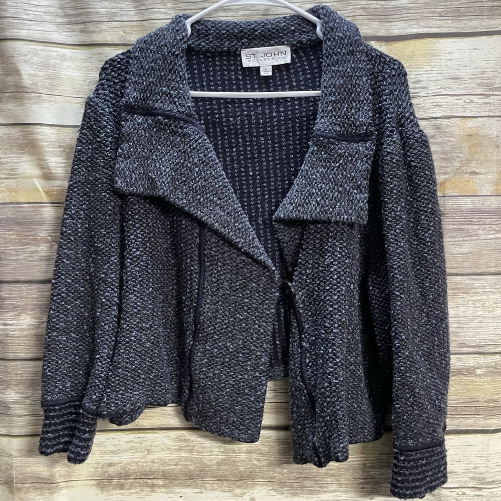 St John Sweater Women's Large Gray Santana Knit Cardigan Old Money Quiet Luxury
